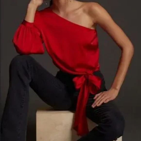 Anthropologie Mare Mare Red Puff Sleeve One Shoulder Tie Waist Blouse Sz M - Picture 1 of 4